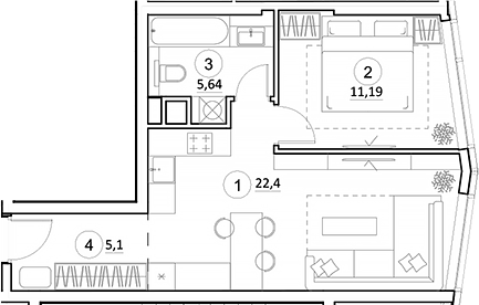 Планировка — УНО.Горбунова, 2-комн., 44 м²