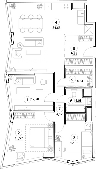 Планировка — УНО.Горбунова, 4-комн., 95 м²