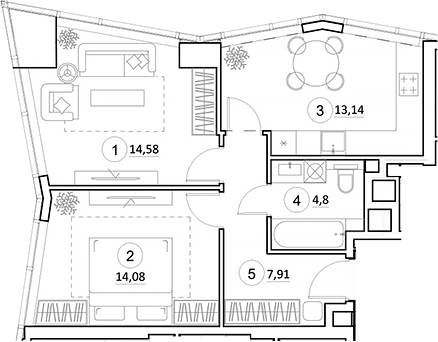 Планировка — УНО.Горбунова, 2-комн., 55 м²
