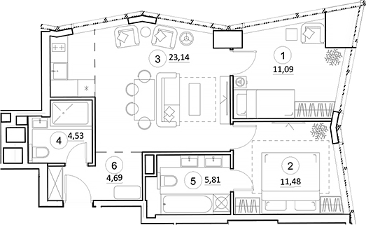 Планировка — УНО.Горбунова, 3-комн., 61 м²
