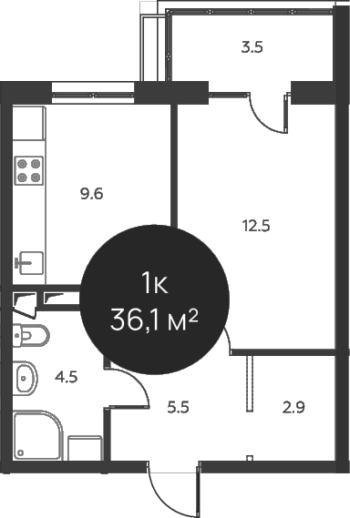 Планировка — Павлово 3, 1-комн., 35 м²
