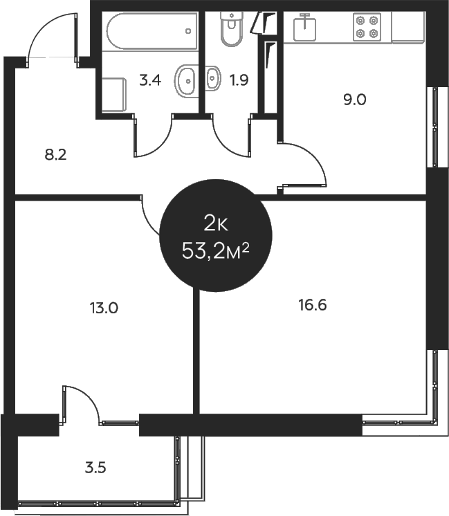 Планировка — Павлово 3, 2-комн., 52 м²
