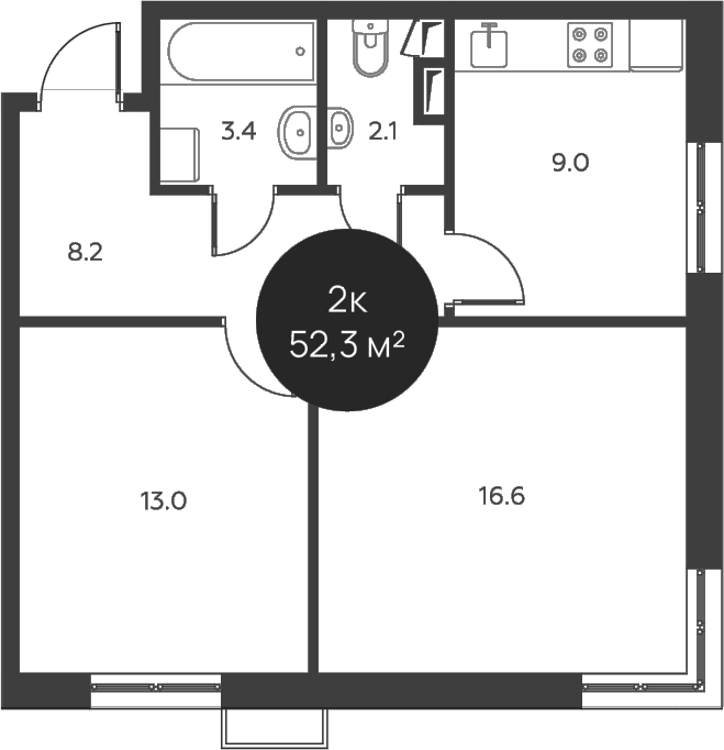 Планировка — Павлово 3, 2-комн., 52 м²