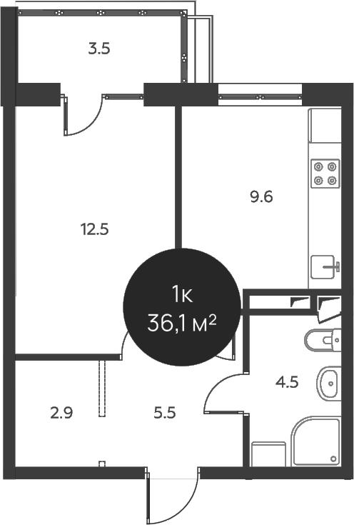 Планировка — Павлово 3, 1-комн., 35 м²