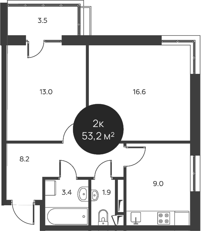 Планировка — Павлово 3, 2-комн., 52 м²