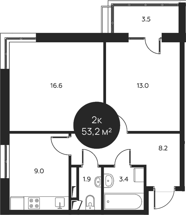 Планировка — Павлово 3, 2-комн., 52 м²
