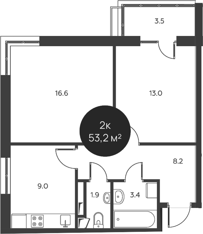 Планировка — Павлово 3, 2-комн., 52 м²