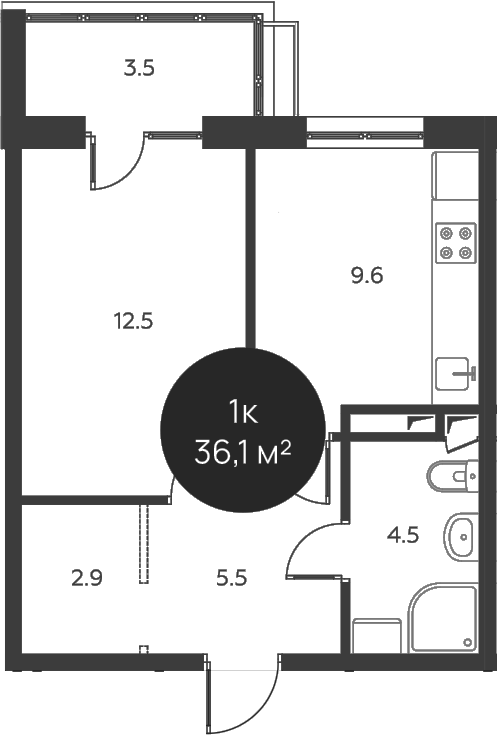 Планировка — Павлово 3, 1-комн., 35 м²