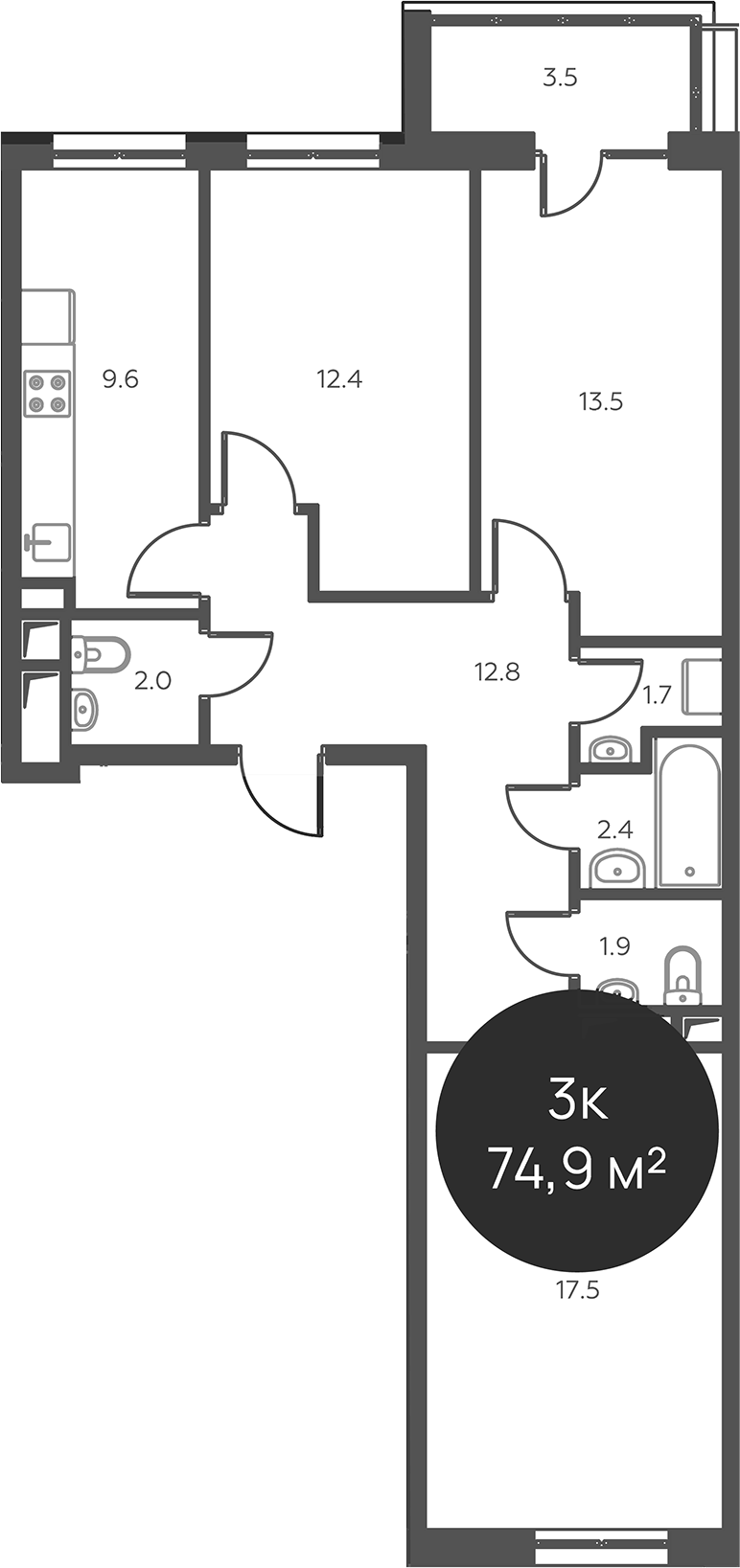 Планировка — Павлово 3, 3-комн., 74 м²