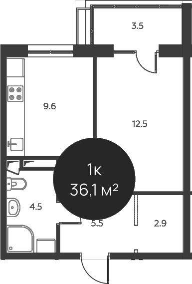 Планировка — Павлово 3, 1-комн., 35 м²