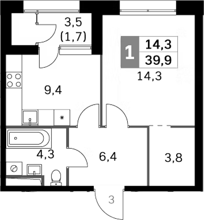 Планировка — Sky Garden, 1-комн., 38 м²