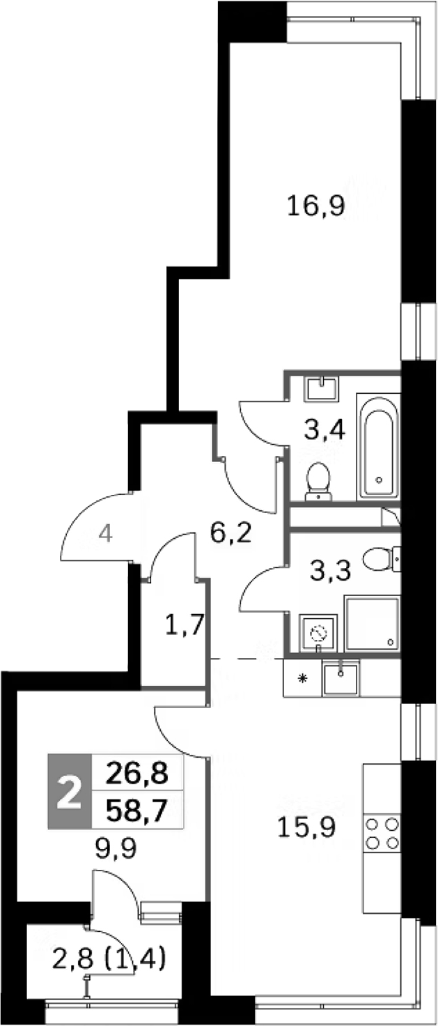 Планировка — Sky Garden, 3-комн., 57 м²