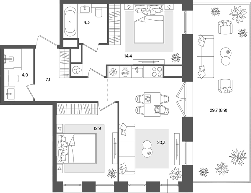 Планировка — Pave, 3-комн., 64 м²