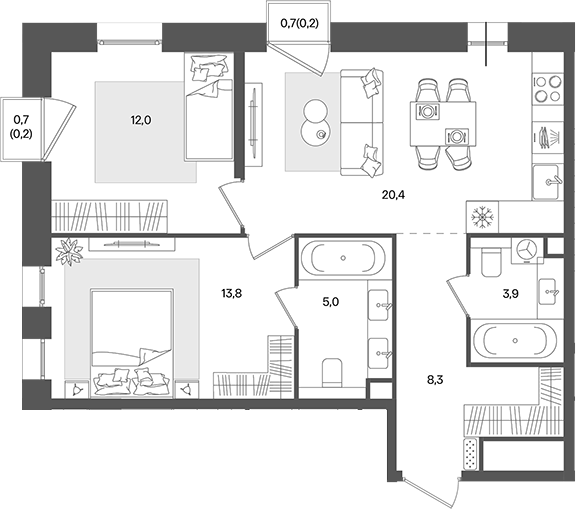 Планировка — Pave, 3-комн., 63 м²