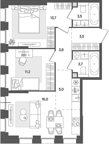 Планировка — Pave, 3-комн., 60 м²