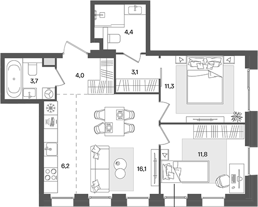 Планировка — Pave, 3-комн., 61 м²