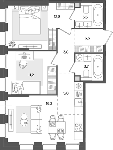 Планировка — Pave, 3-комн., 61 м²