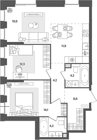 Планировка — Pave, 3-комн., 76 м²