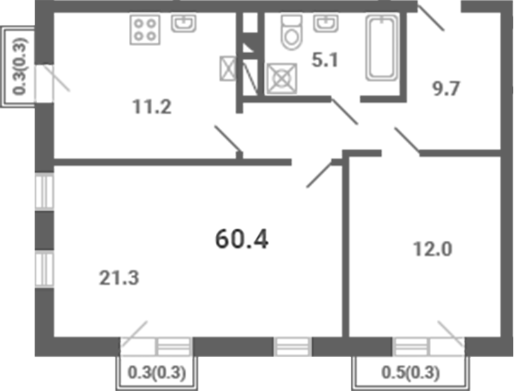 Планировка — Южная Долина, 2-комн., 59 м²