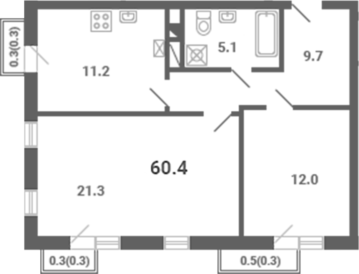Планировка — Южная Долина, 2-комн., 59 м²