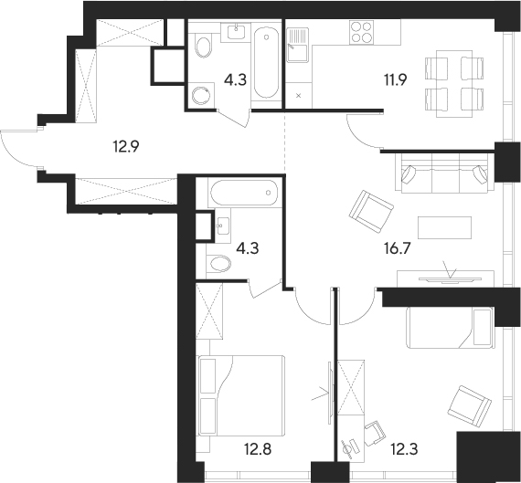 Планировка — Indy Towers, 3-комн., 75 м²