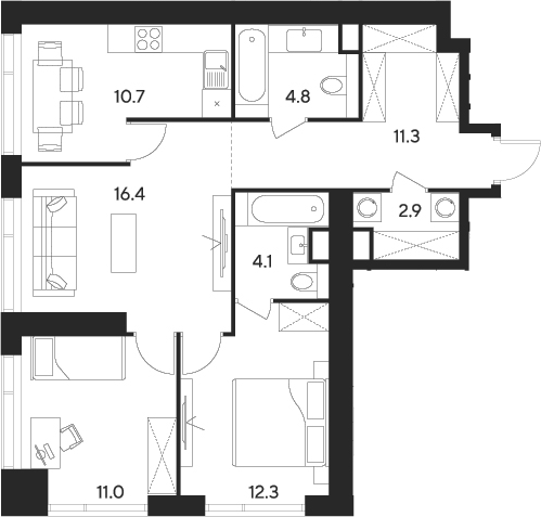 Планировка — Indy Towers, 3-комн., 74 м²