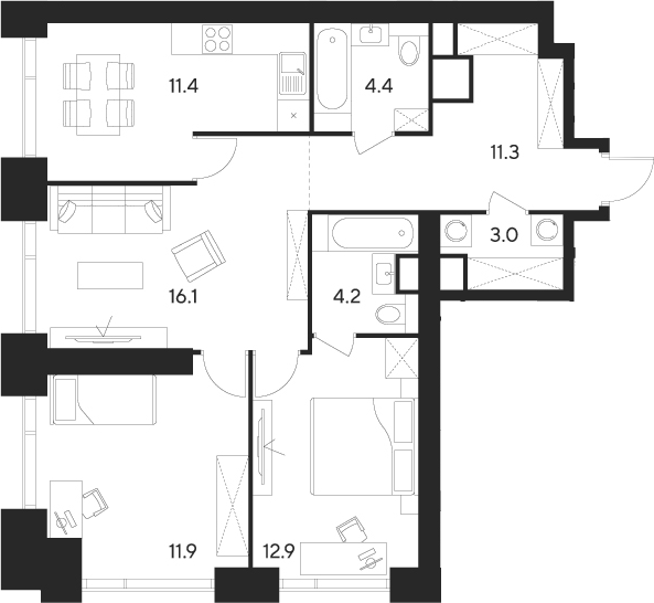 Планировка — Indy Towers, 3-комн., 75 м²