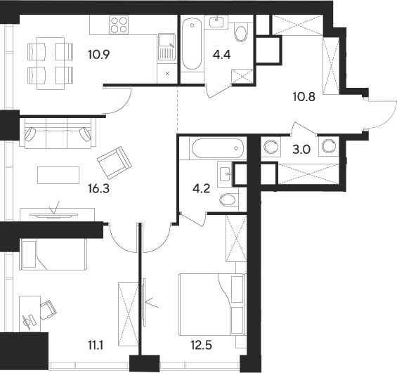 Планировка — Indy Towers, 3-комн., 73 м²