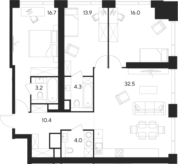 Планировка — Indy Towers, 4-комн., 101 м²