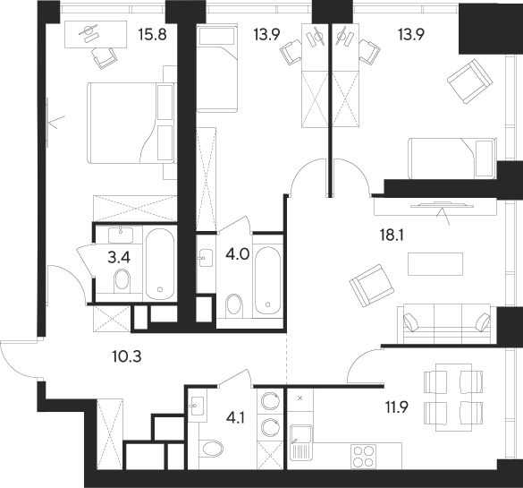 Планировка — Indy Towers, 4-комн., 95 м²