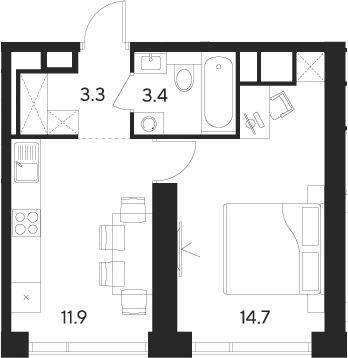 Планировка — Indy Towers, 1-комн., 33 м²