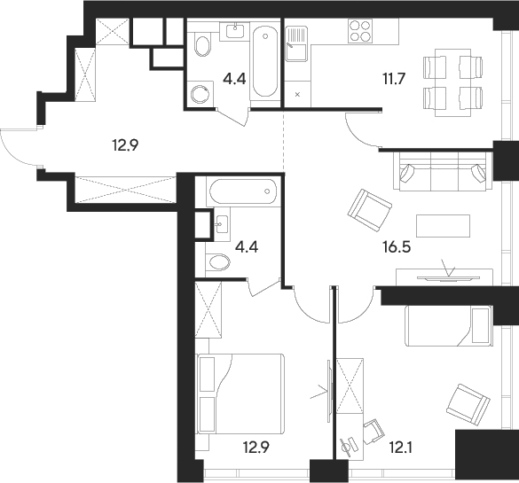 Планировка — Indy Towers, 3-комн., 75 м²