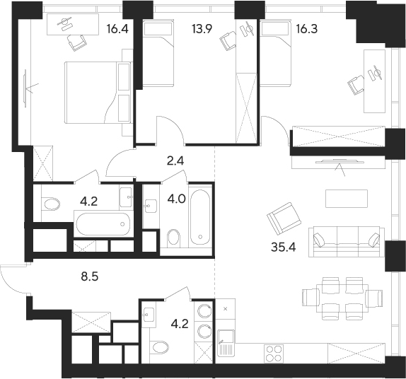 Планировка — Indy Towers, 4-комн., 105 м²