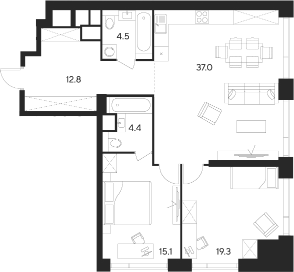 Планировка — Indy Towers, 3-комн., 93 м²