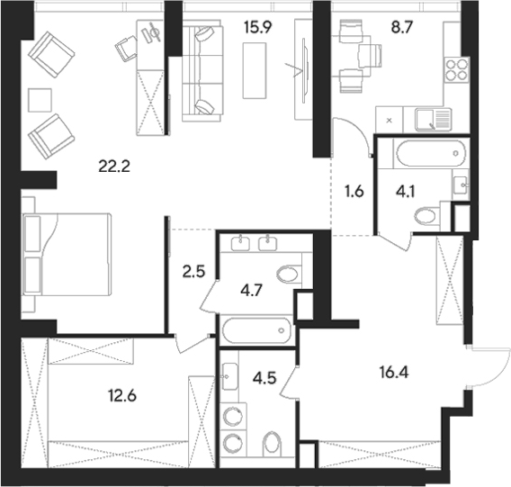 Планировка — Indy Towers, 2-комн., 93 м²