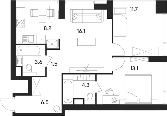 Планировка — Indy Towers, 3-комн., 65 м²