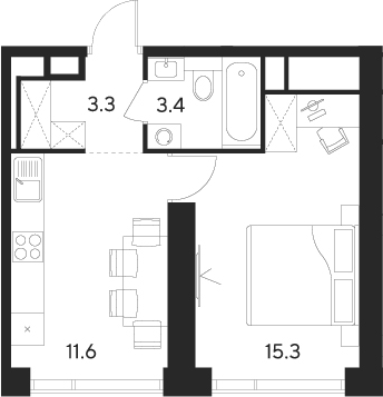 Планировка — Indy Towers, 1-комн., 34 м²