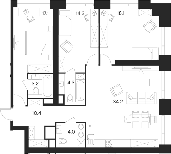 Планировка — Indy Towers, 4-комн., 106 м²
