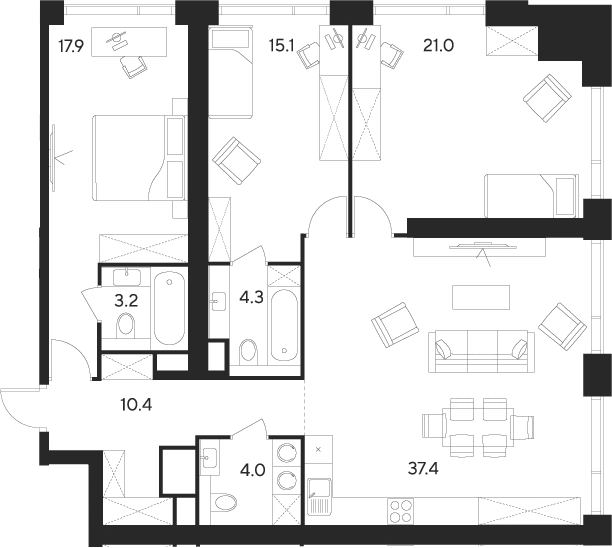 Планировка — Indy Towers, 4-комн., 113 м²