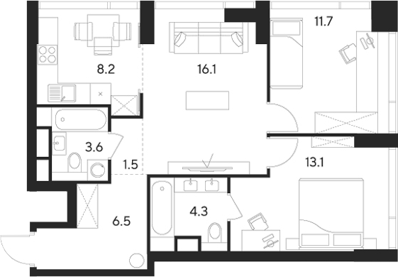 Планировка — Indy Towers, 3-комн., 65 м²