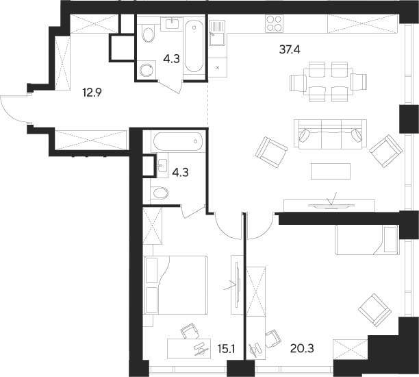 Планировка — Indy Towers, 3-комн., 94 м²