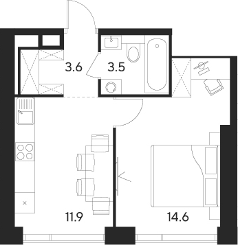 Планировка — Indy Towers, 1-комн., 34 м²