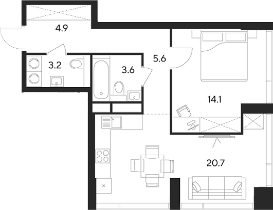Планировка — Indy Towers, 2-комн., 52 м²