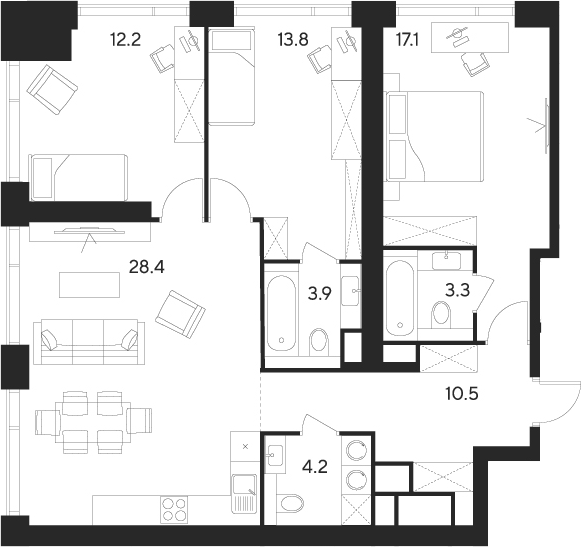 Планировка — Indy Towers, 4-комн., 93 м²