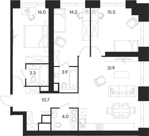 Планировка — Indy Towers, 3-комн., 100 м²