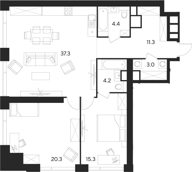 Планировка — Indy Towers, 3-комн., 96 м²