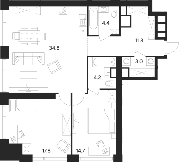 Планировка — Indy Towers, 3-комн., 90 м²