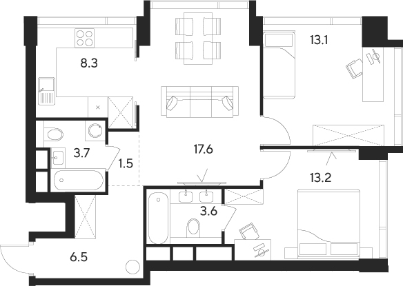 Планировка — Indy Towers, 2-комн., 68 м²