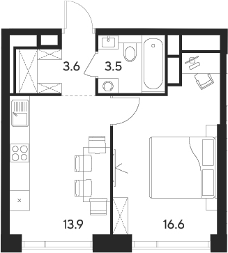 Планировка — Indy Towers, 1-комн., 38 м²