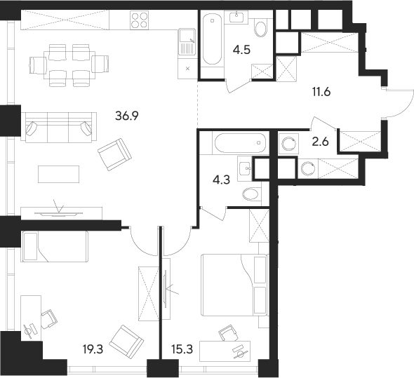 Планировка — Indy Towers, 3-комн., 95 м²